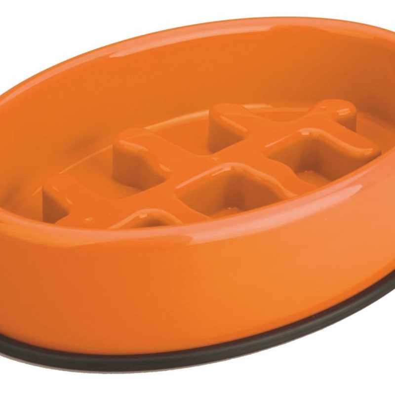 M Pets Fishbone Slow Feed Bowl Anti scoff/Slip Oval Bowl for Dogs (Orange)